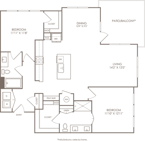 Floor plan for 2 beds, 2 baths, 1293 sqft